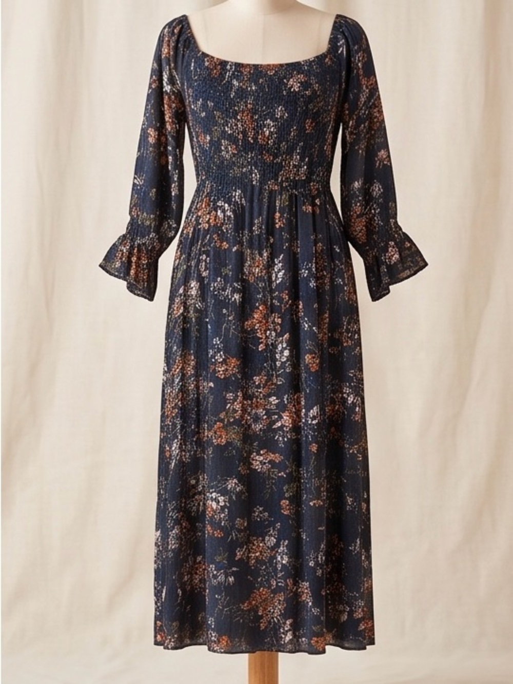 Vici - Autumn Ready Navy Ruched Top Floral Flowy Comfy Maxi Dress Long Sleeves